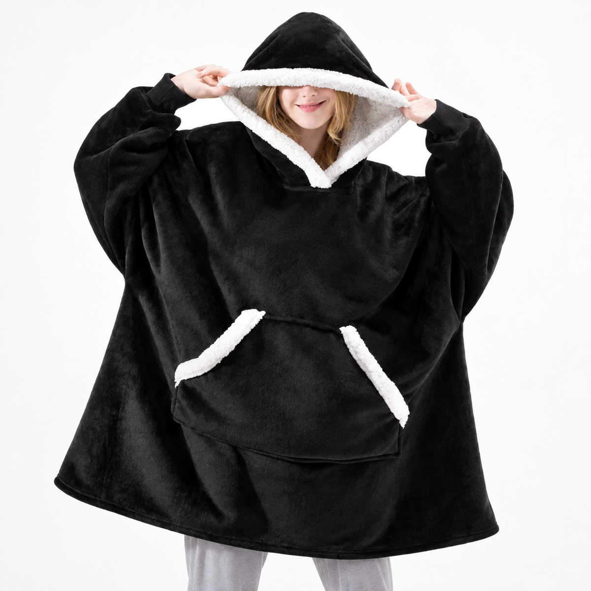 Oversized hyggelig pullover-hættetrøje med ternet tæppefor i sherpa