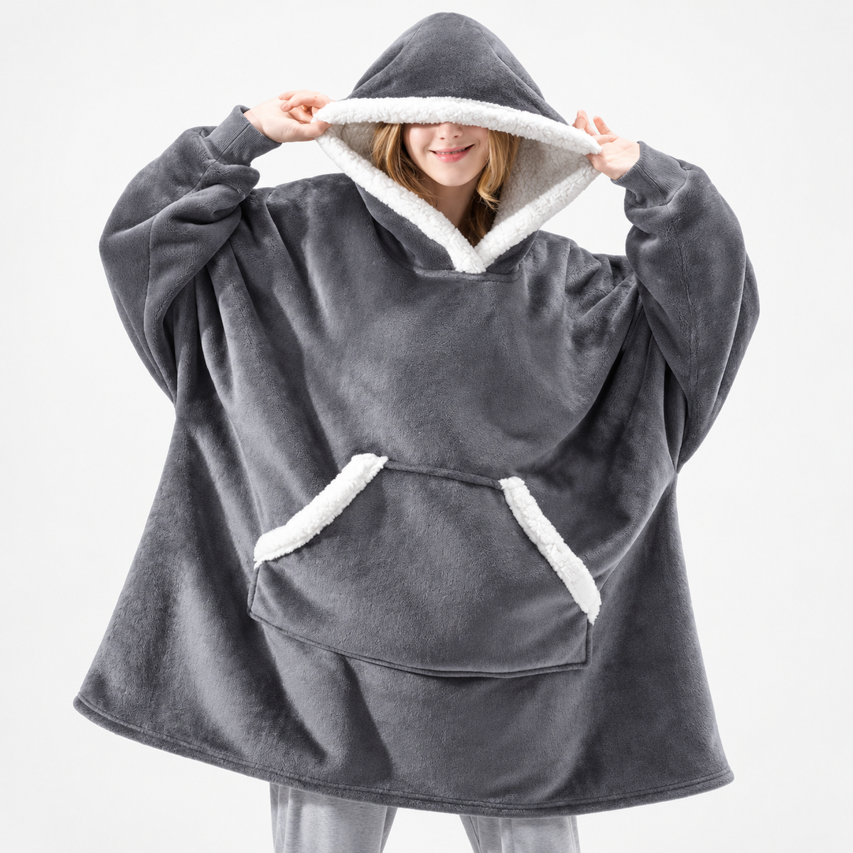 Oversized hyggelig pullover-hættetrøje med ternet tæppefor i sherpa