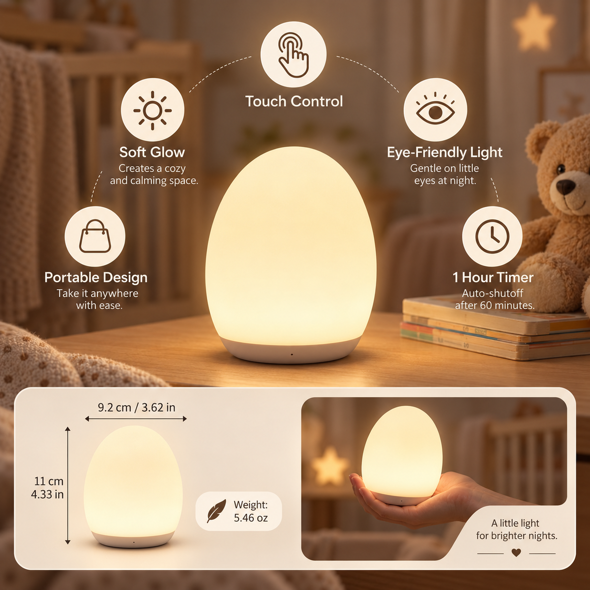 Luz nocturna de silicona con control táctil, portátil y con forma de huevo para niños