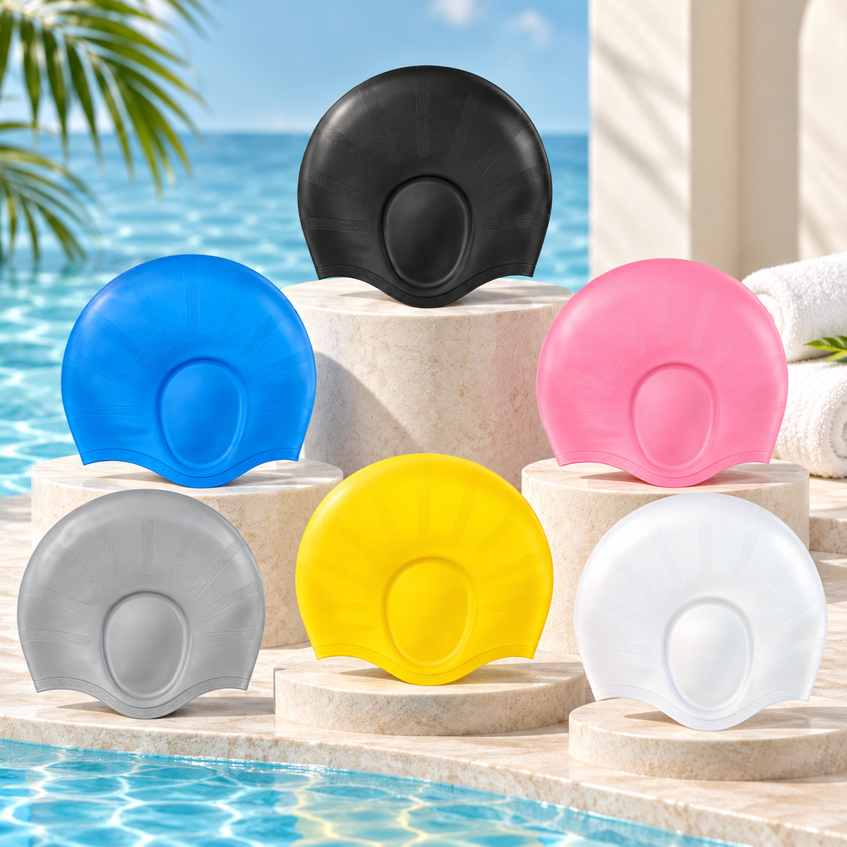 Silikon-Schwimmkappe mit Ohrenschutz für langes Haar und Schwimmtraining