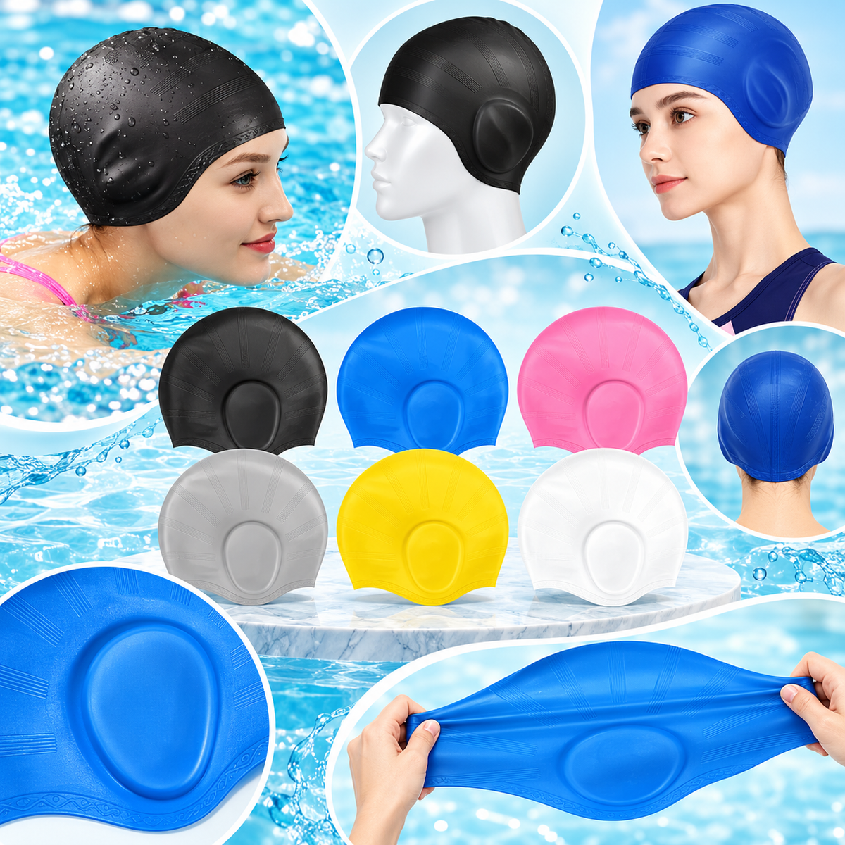 Silikon-Schwimmkappe mit Ohrenschutz für langes Haar und Schwimmtraining