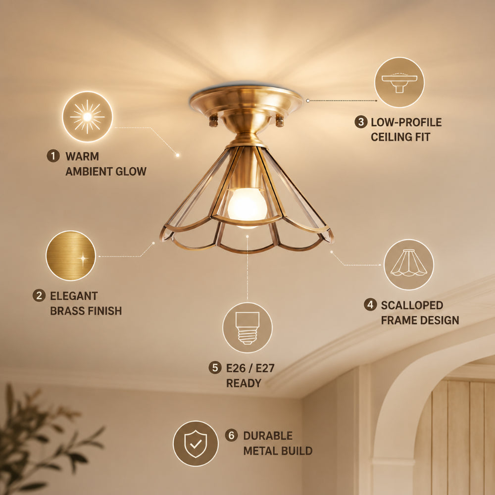 Iluminat cu un singur bec, montare la plafon, minimalism, metal cu margini ondulate, montare semi-încastrată din alamă