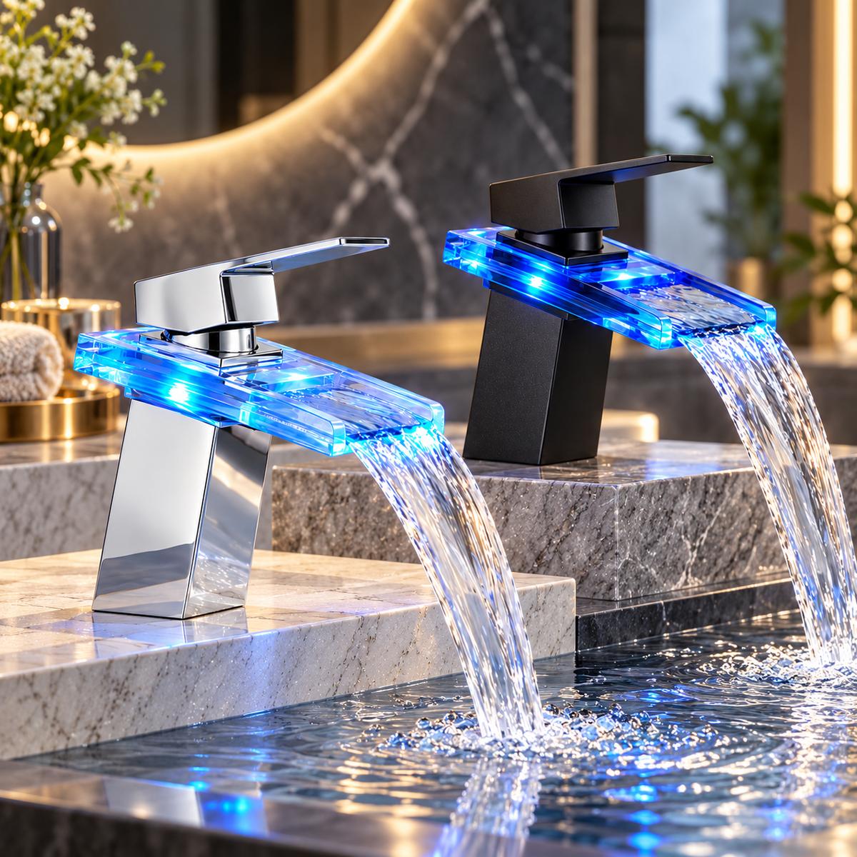 Single Handle LED Faucet Modern Bathroom Waterfall Design