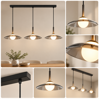 Moderne dæmpbar LED-pendellampe med røgfarvet glasskærm i kuppelform