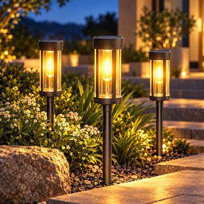 Configuración de iluminación de jardín exterior con antorchas solares