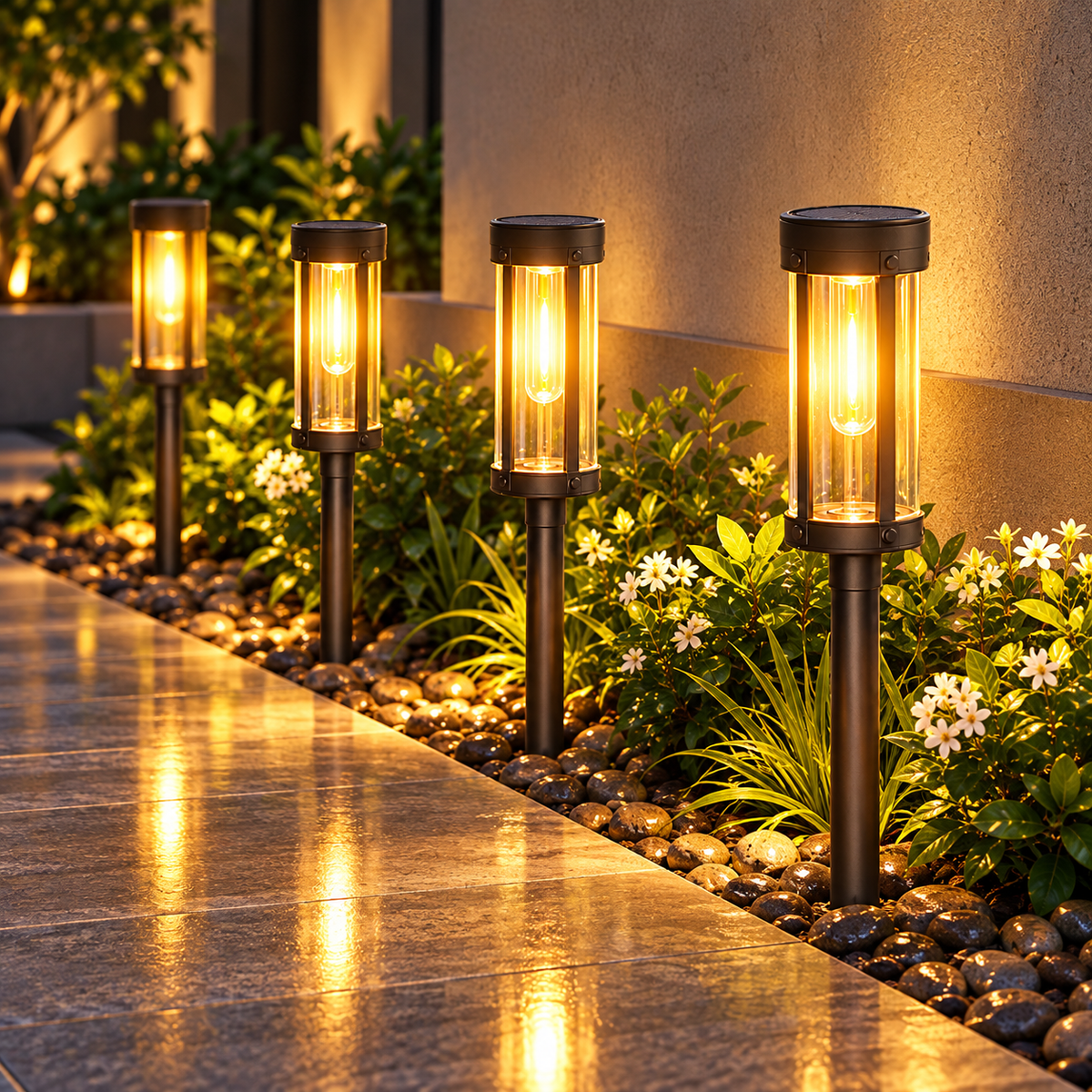 Configuración de iluminación de jardín exterior con antorchas solares