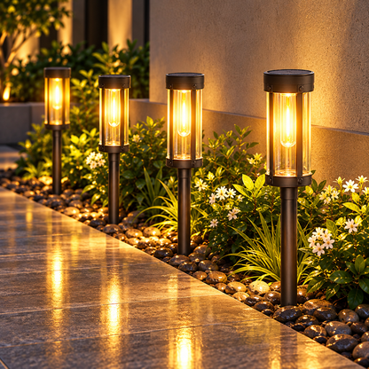 Configuración de iluminación de jardín exterior con antorchas solares