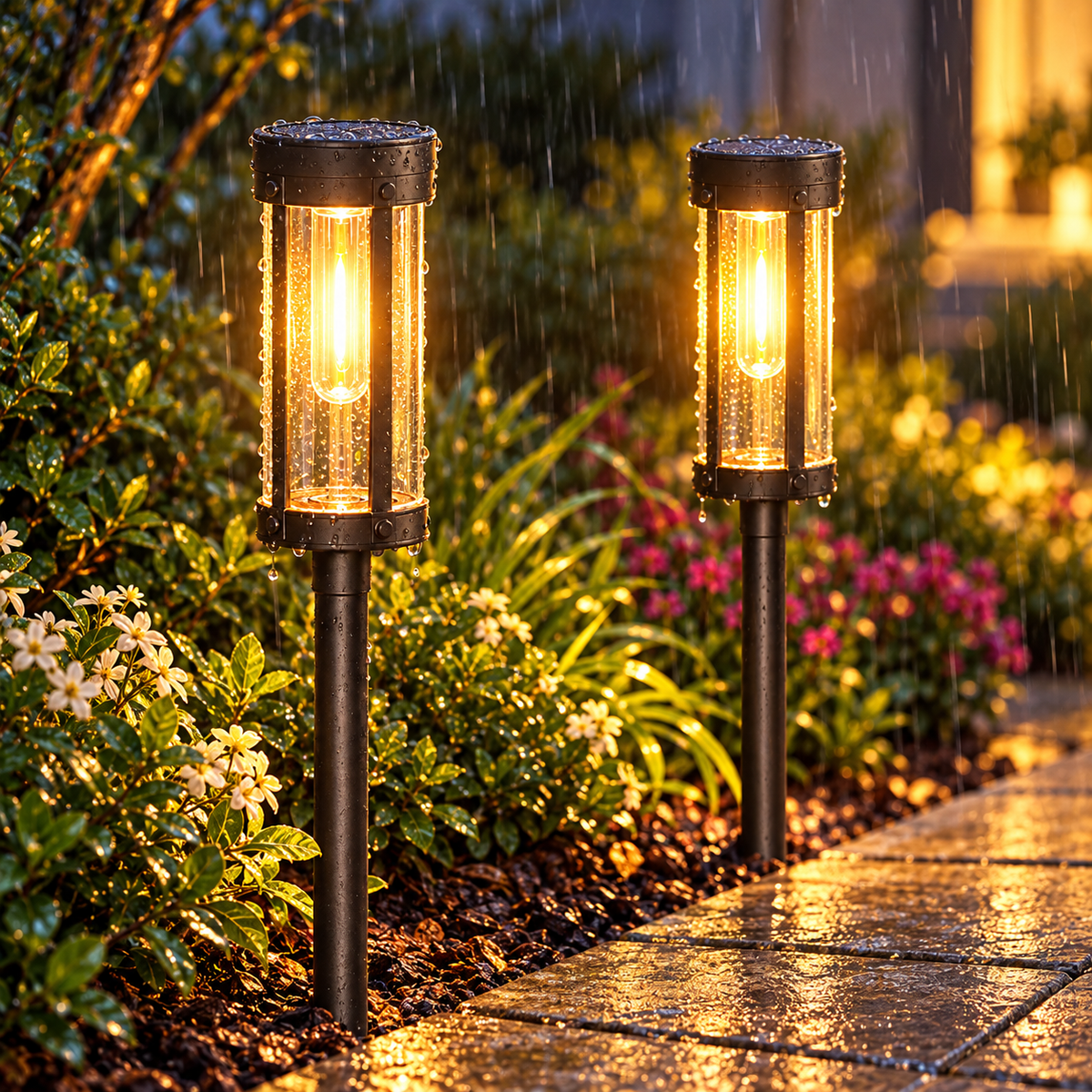 Configuración de iluminación de jardín exterior con antorchas solares