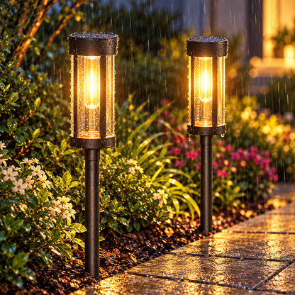 Configuración de iluminación de jardín exterior con antorchas solares