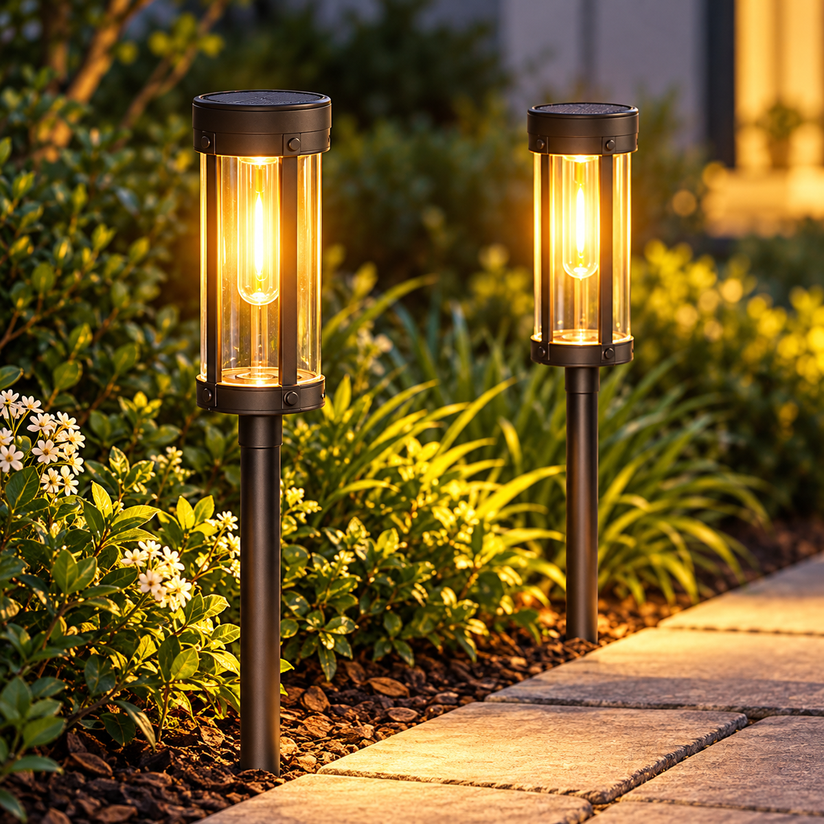 Configuración de iluminación de jardín exterior con antorchas solares