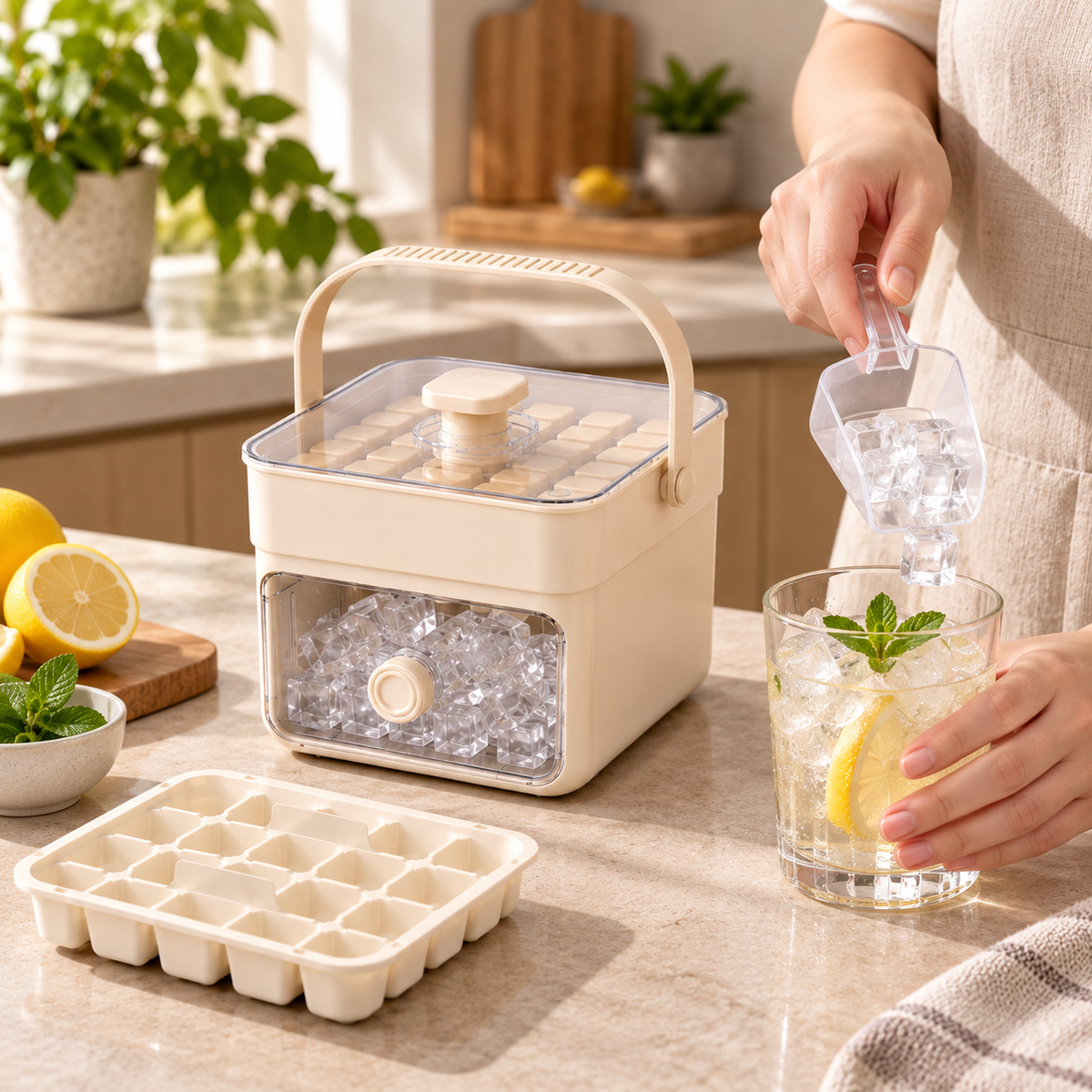 Stapelbares Eiswürfelbereiter-Set mit auslaufsicheren Schalen