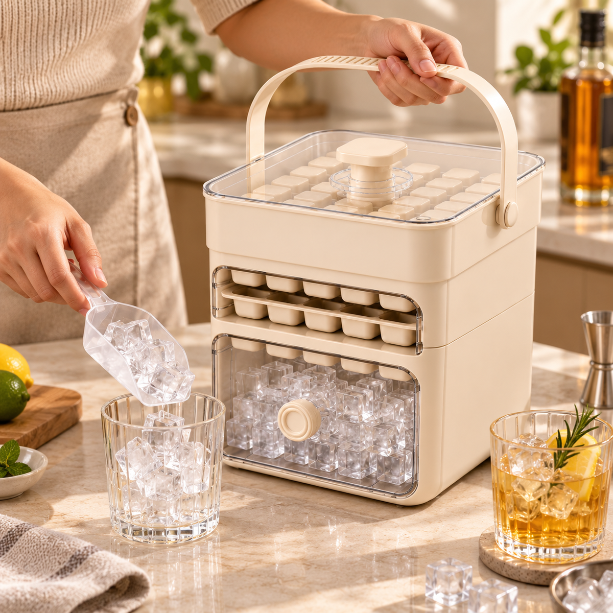 Stapelbares Eiswürfelbereiter-Set mit auslaufsicheren Schalen