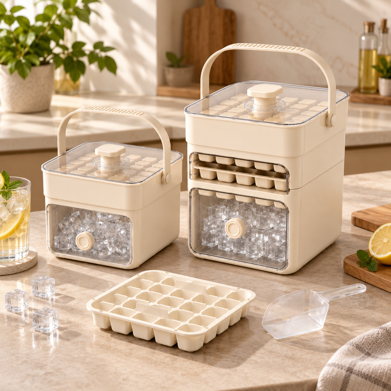 Stapelbares Eiswürfelbereiter-Set mit auslaufsicheren Schalen