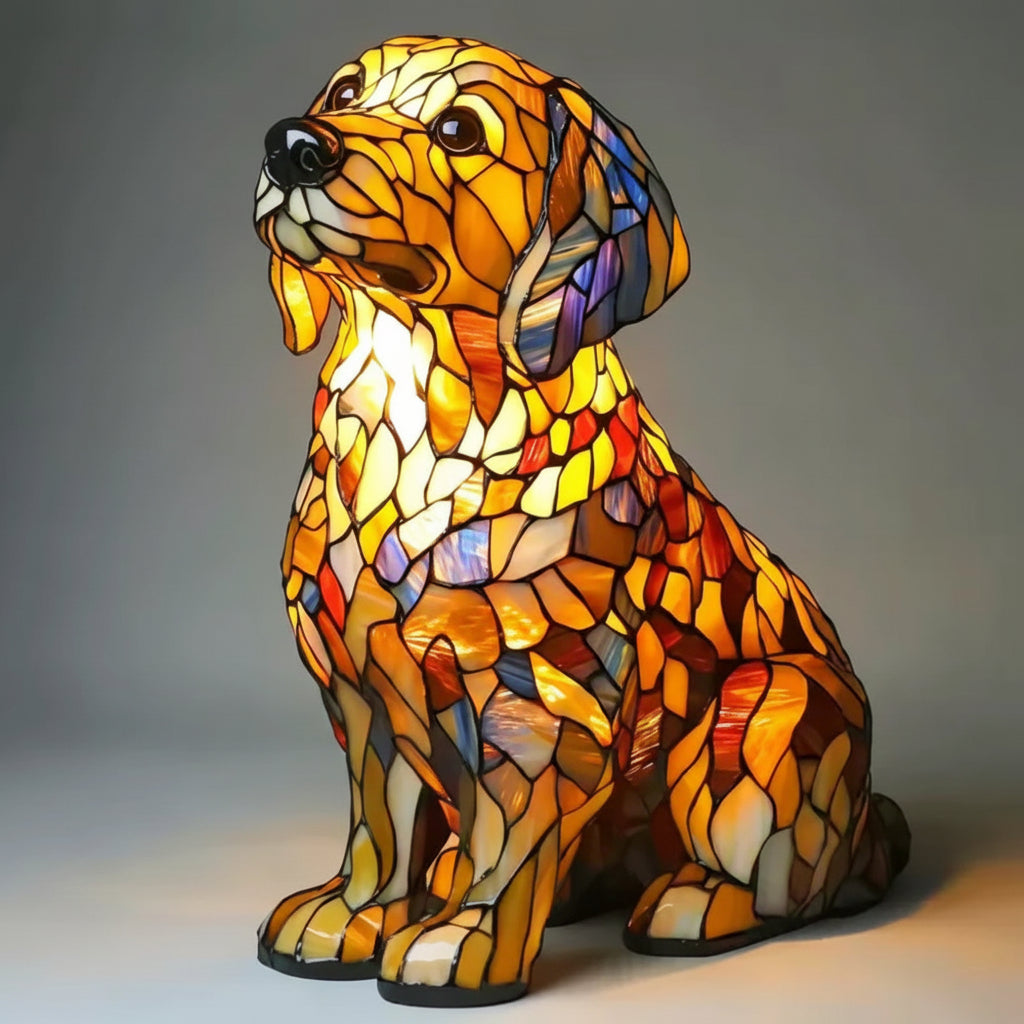 Table Lamp Stained Glass Dog Animal Light Bedroom Desk