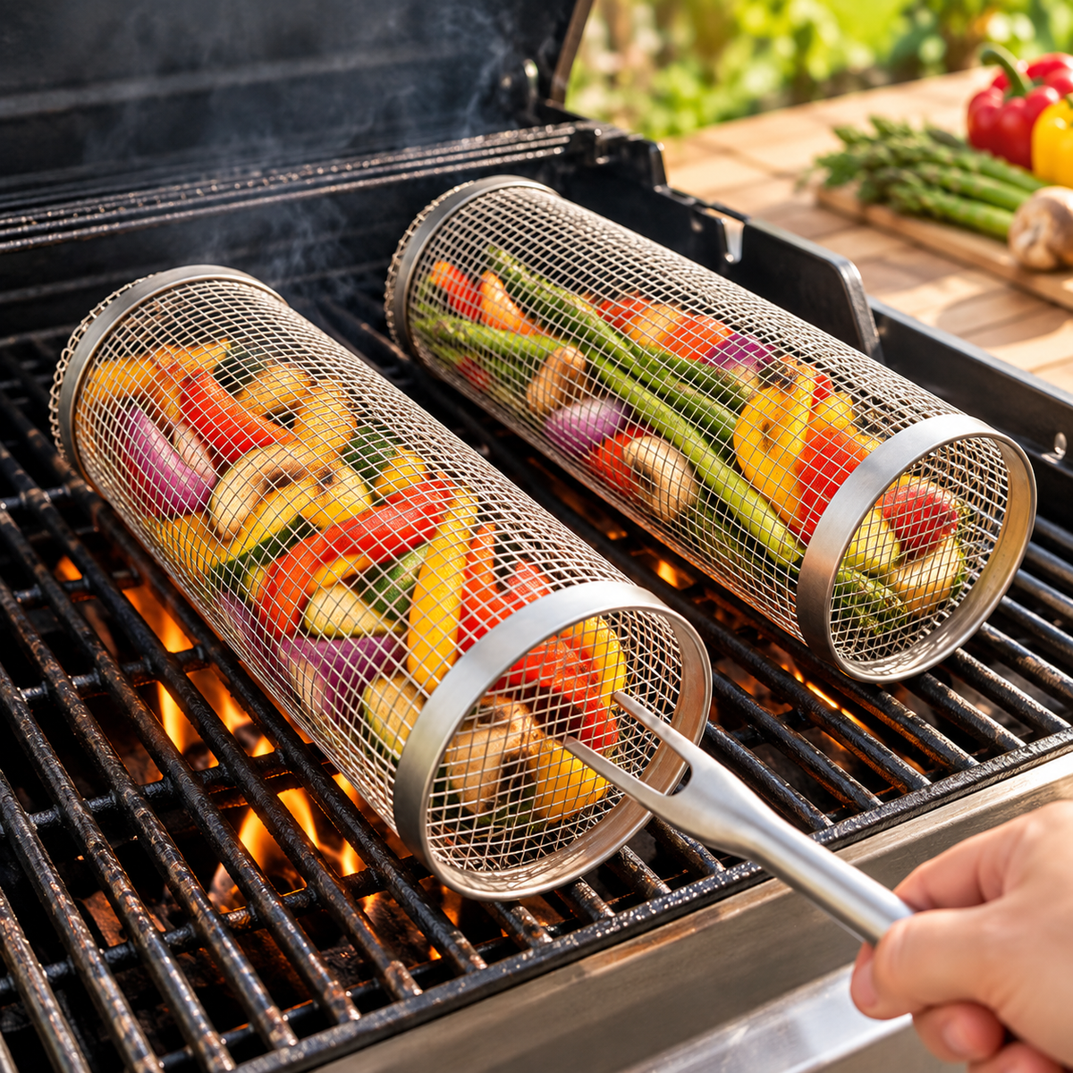 Cesta de acero inoxidable para parrilla, ideal para camping y fácil de limpiar