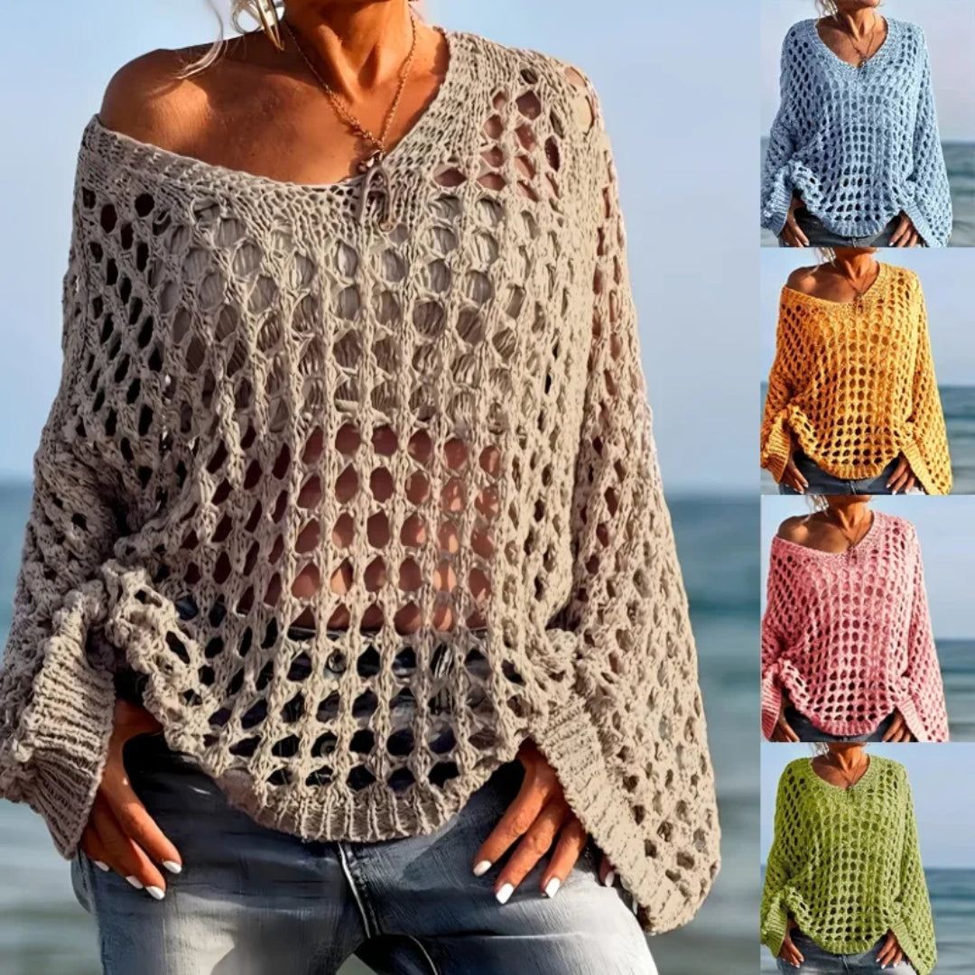 Damen Überwurf Häkelpullover Locker sitzendes Strandpullover-Top