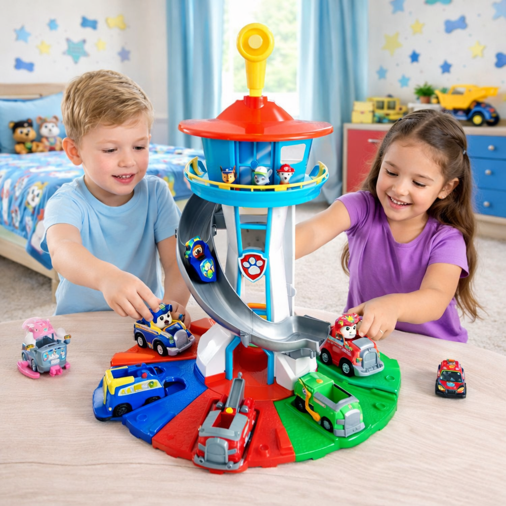 Set di gioco per bambini con scivolo, torre e macchinine, attività per interni