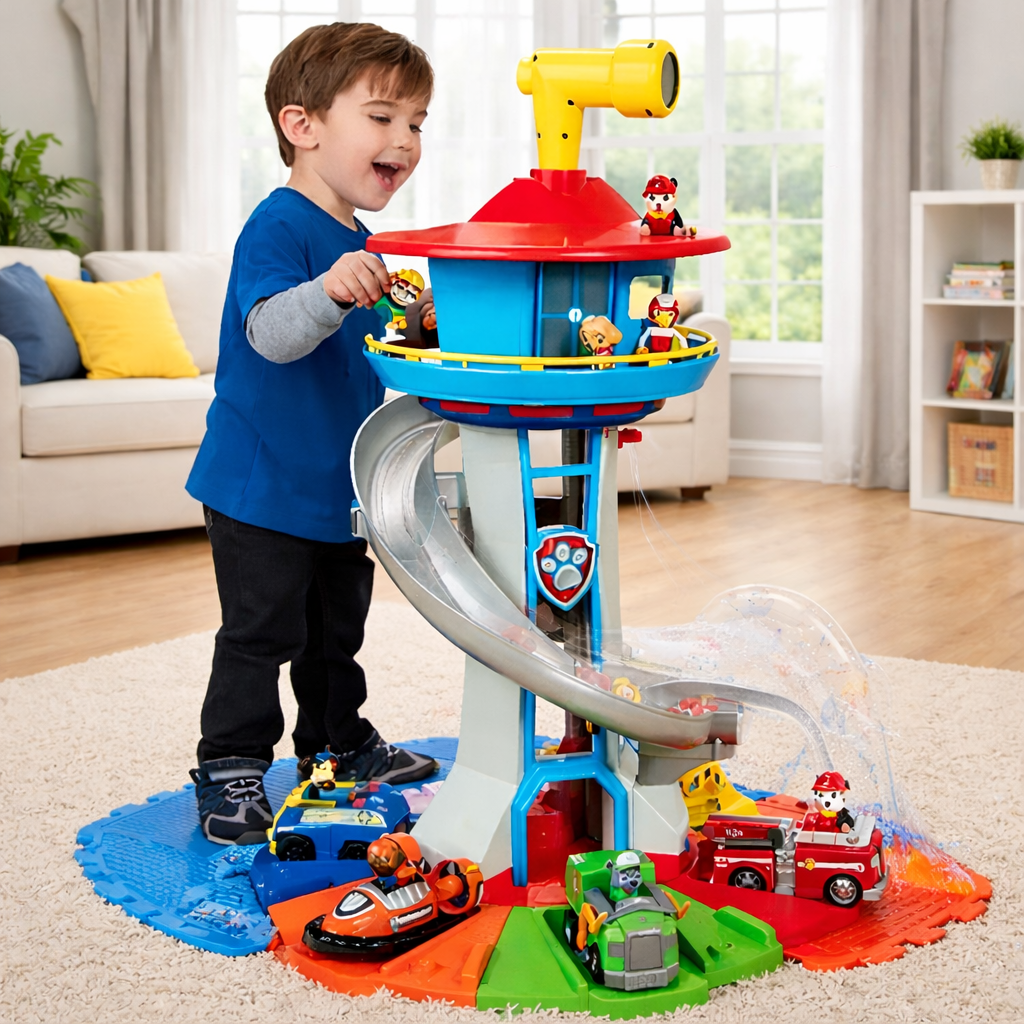 Set di gioco per bambini con scivolo, torre e macchinine, attività per interni