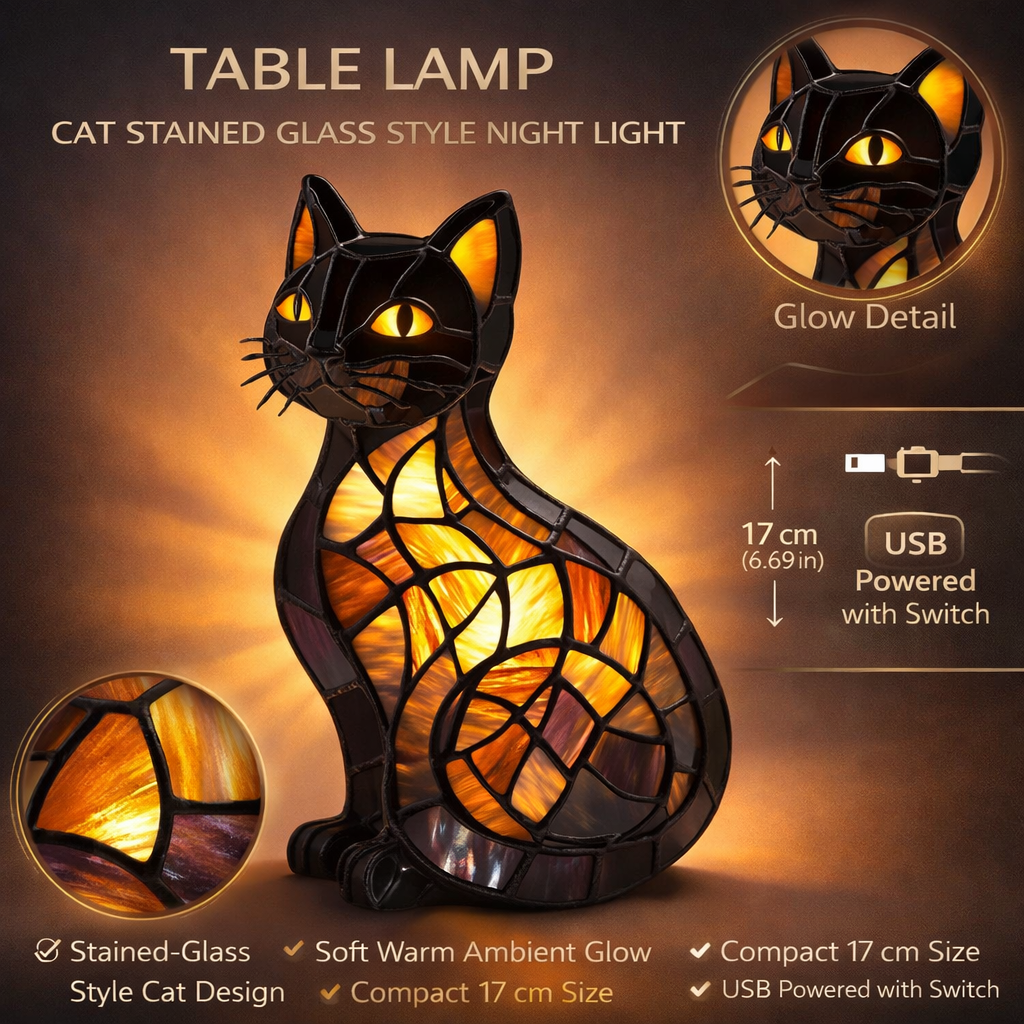 Table Lamp Cat Stained Glass Style Night Light
