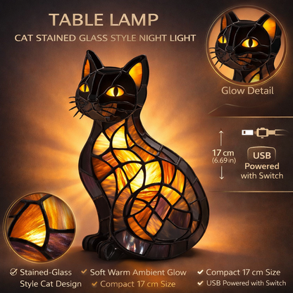 Table Lamp Cat Stained Glass Style Night Light