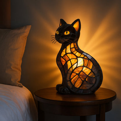 Table Lamp Cat Stained Glass Style Night Light