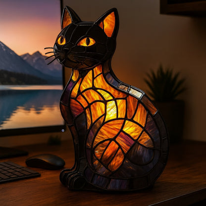 Table Lamp Cat Stained Glass Style Night Light