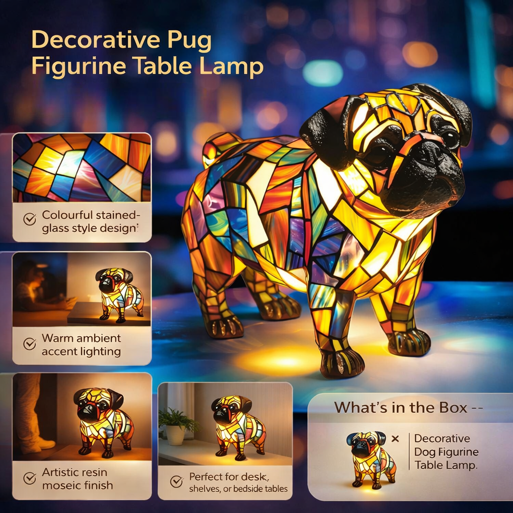 Lampă de masă decorativă cu figurină de câine din rășină, lumină de accent