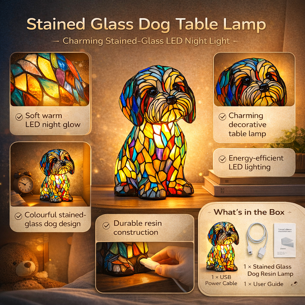 Table Lamp Stained Glass Dog LED Night Light Resin Decor