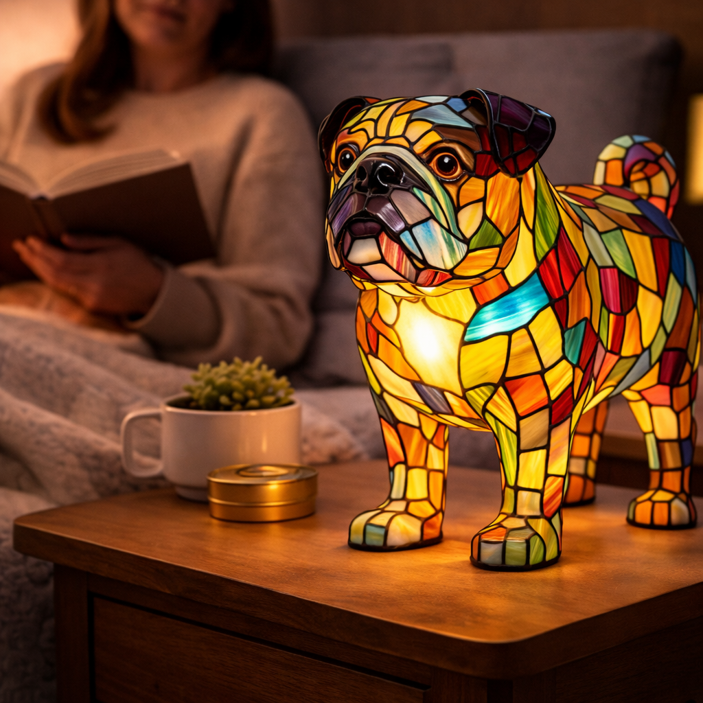 Table Lamp Colorful Stained Glass Dog LED Decorative Night Light