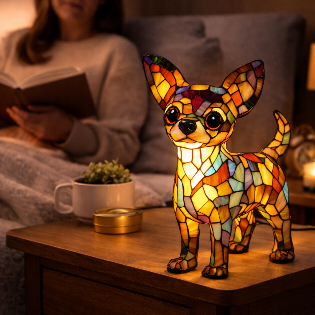 Table Lamp Colorful Stained Glass Dog LED Decorative Night Light