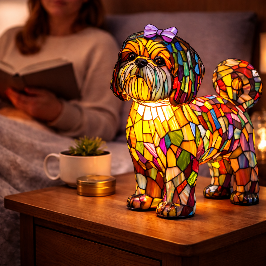 Table Lamp Colorful Stained Glass Dog LED Decorative Night Light