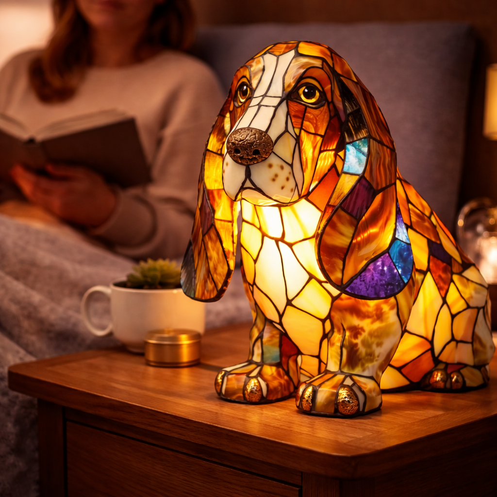 Table Lamp Colorful Stained Glass Dog LED Decorative Night Light