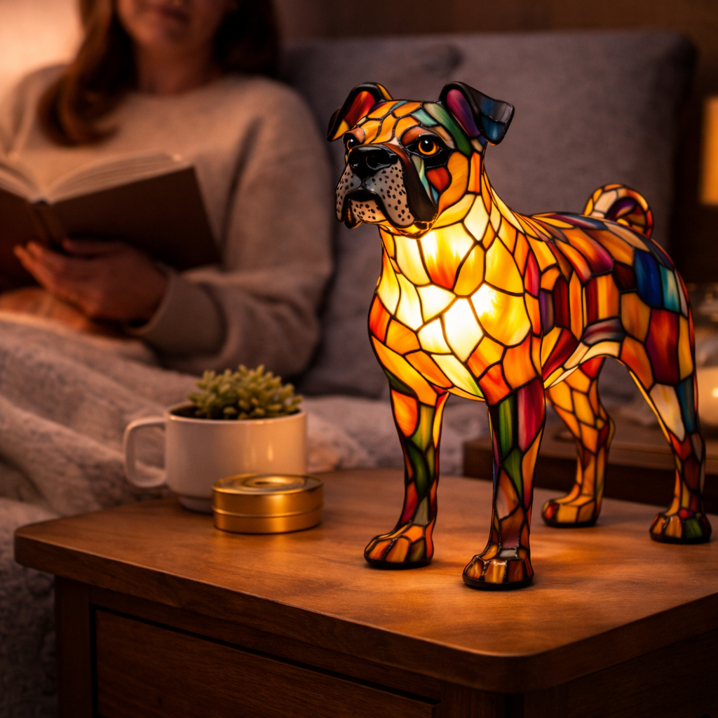 Table Lamp Colorful Stained Glass Dog LED Decorative Night Light