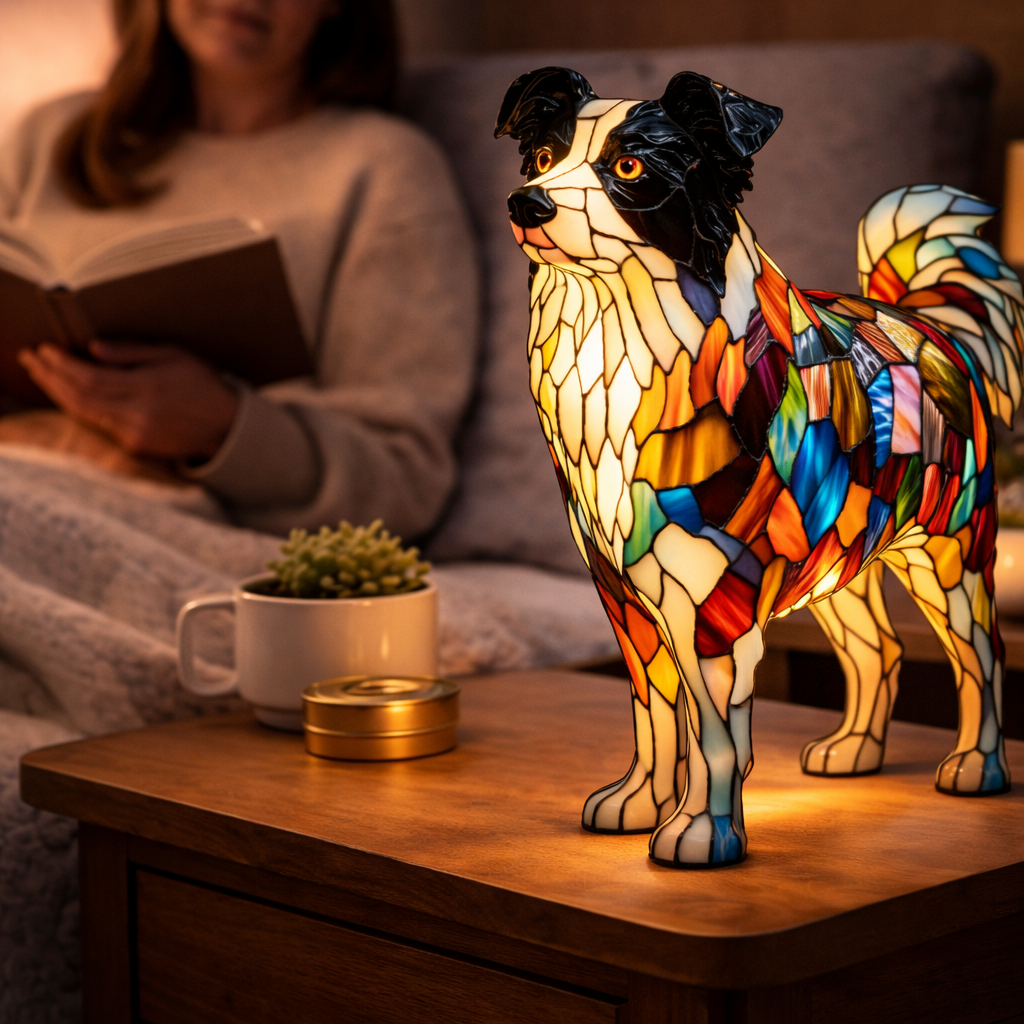 Table Lamp Colorful Stained Glass Dog LED Decorative Night Light