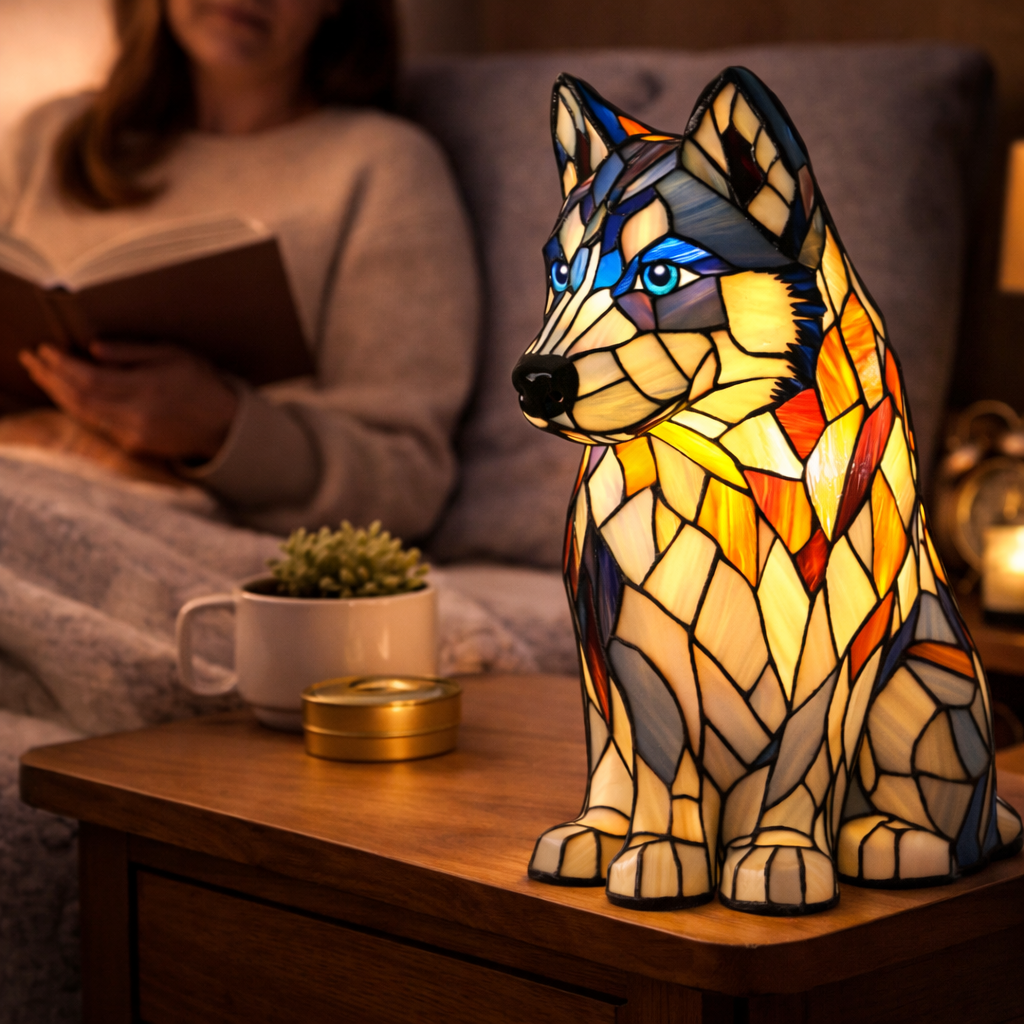 Table Lamp Colorful Stained Glass Dog LED Decorative Night Light