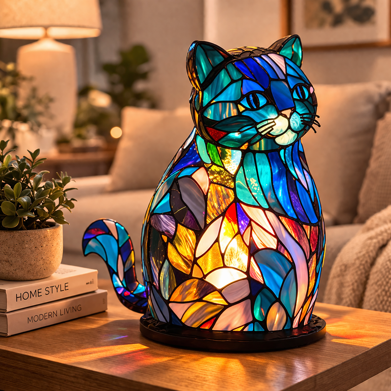 Bordlampe LED Dyrefigur Farverig Glas Look Natlampe