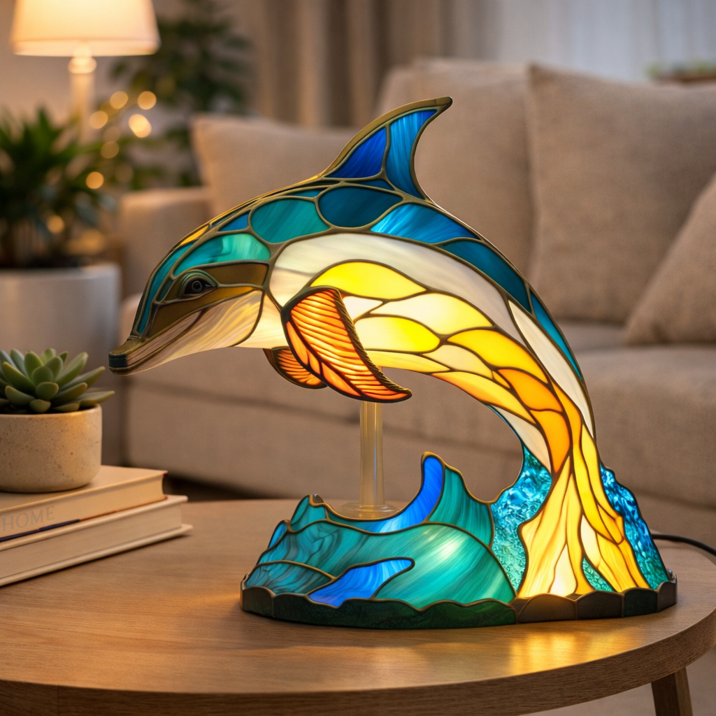 Bordlampe LED Dyrefigur Farverig Glas Look Natlampe