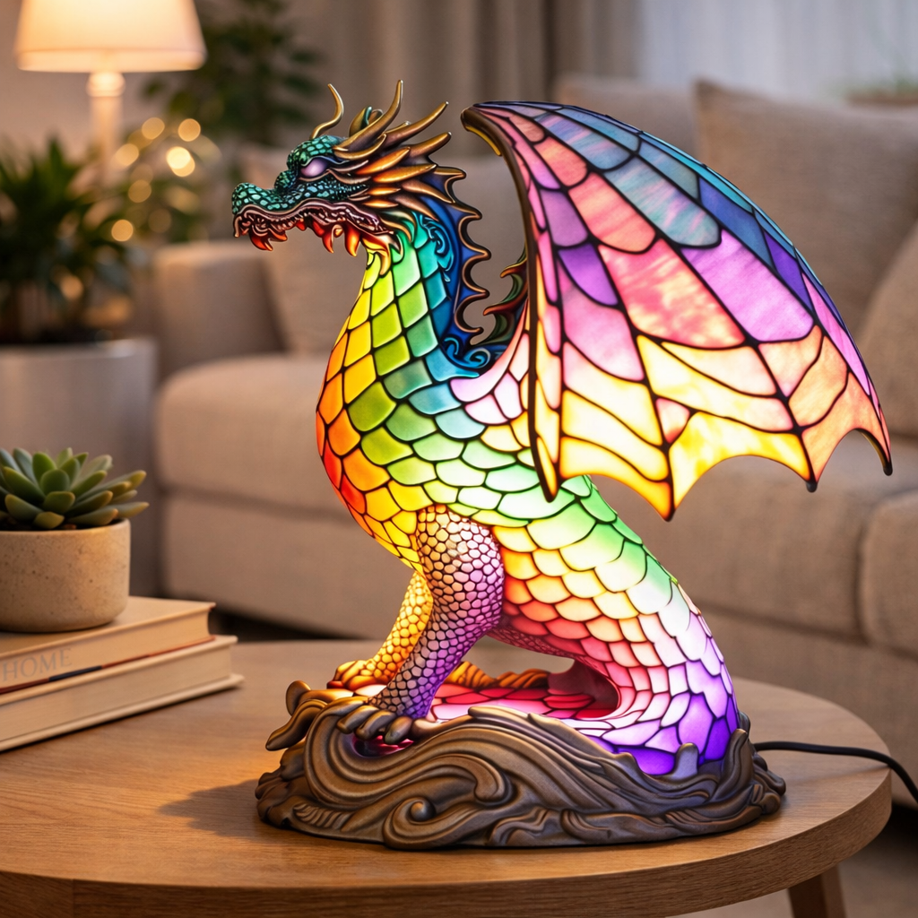 Bordlampe LED Dyrefigur Farverig Glas Look Natlampe
