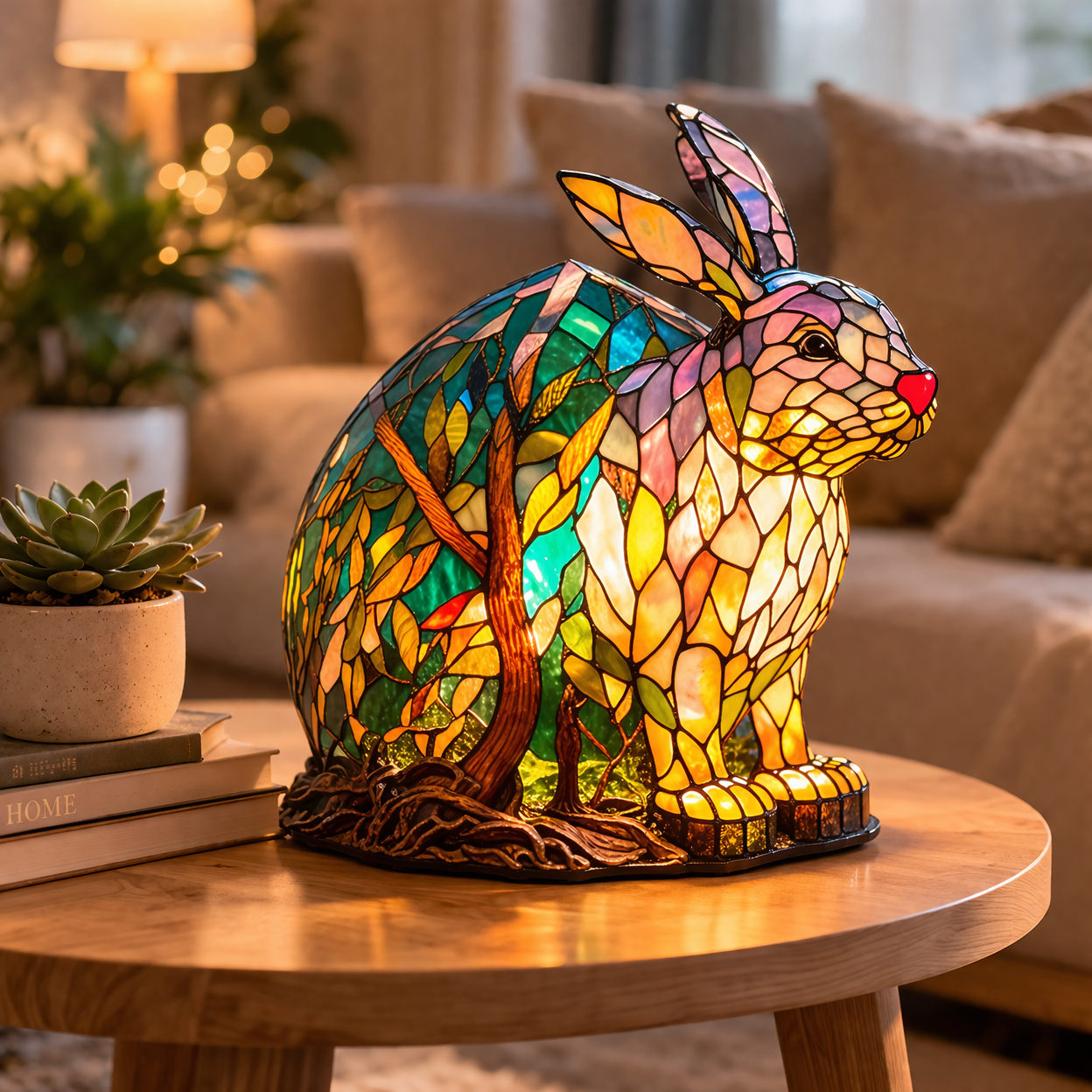 Bordlampe LED Dyrefigur Farverig Glas Look Natlampe