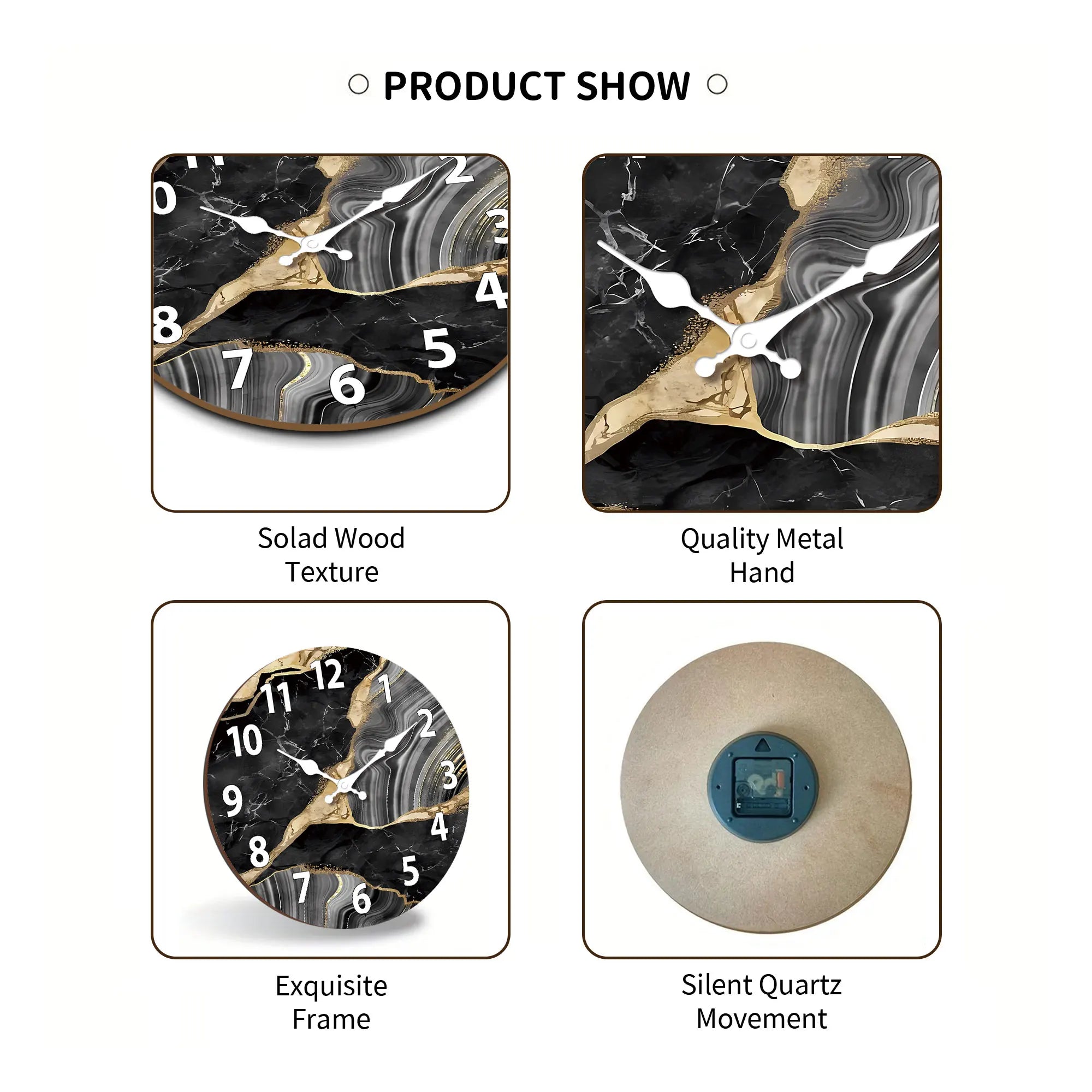 MarbellaTime | Modern Round Wooden Wall Clock | Silent Marble Design