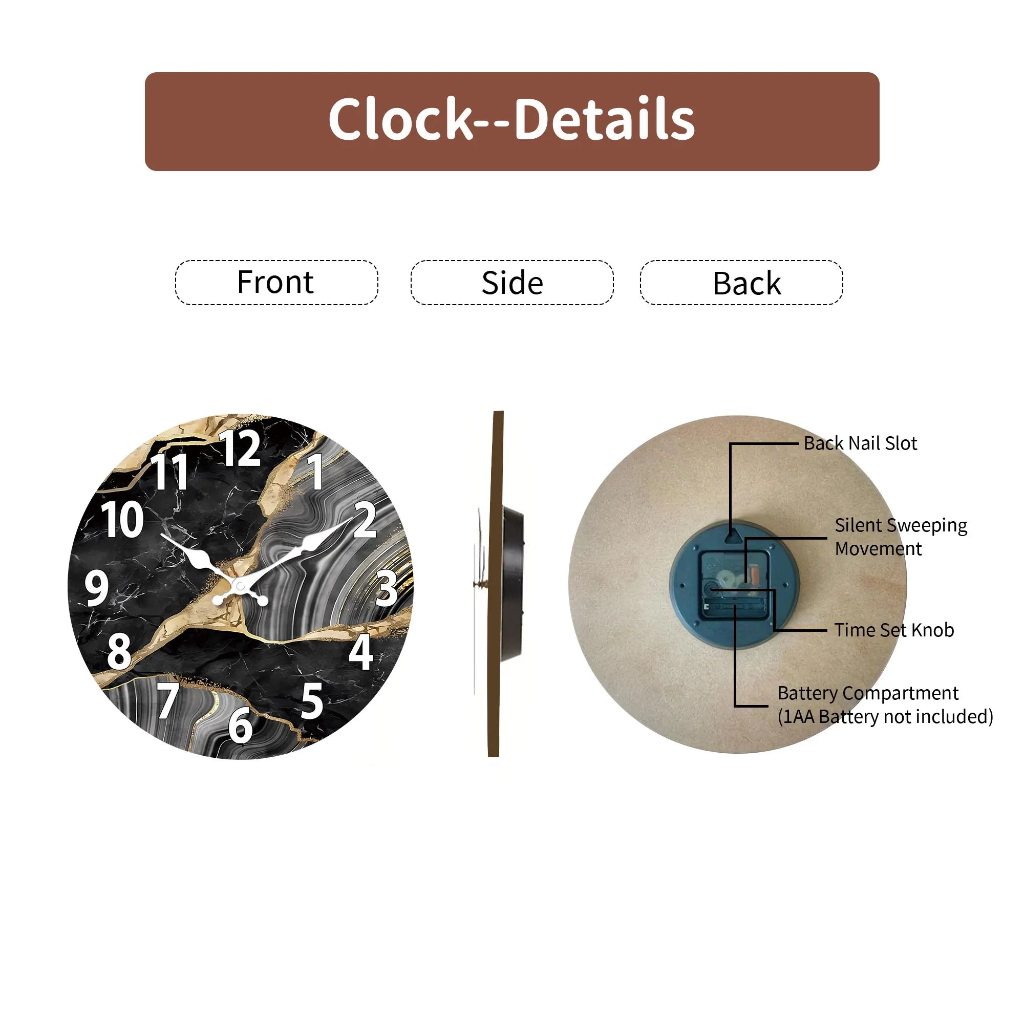 MarbellaTime | Modern Round Wooden Wall Clock | Silent Marble Design