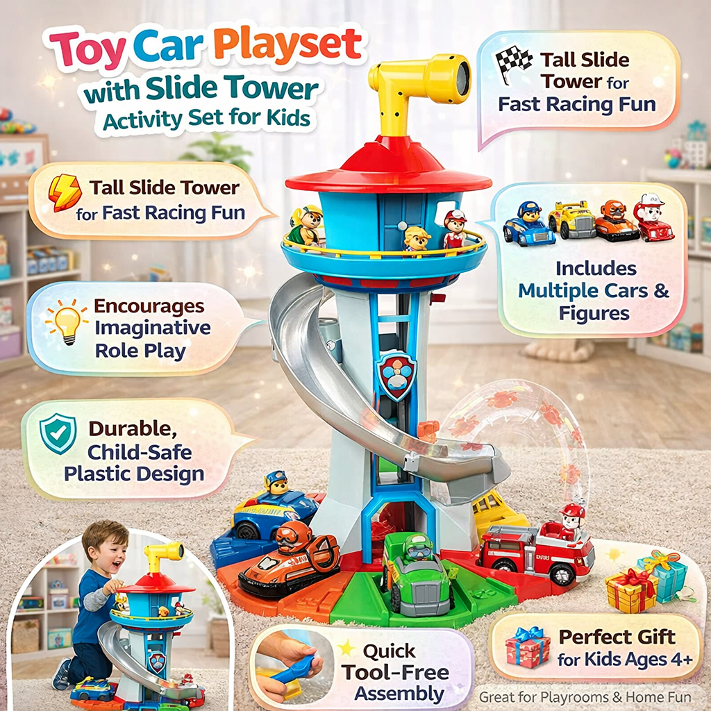 Toy Car Playset Kids Slide Tower Activity Set