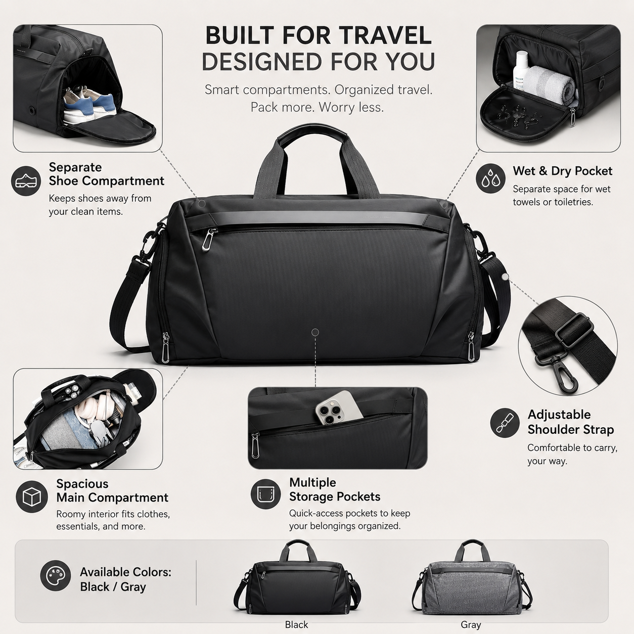 Borsa da viaggio impermeabile per palestra e sport con scomparto per scarpe
