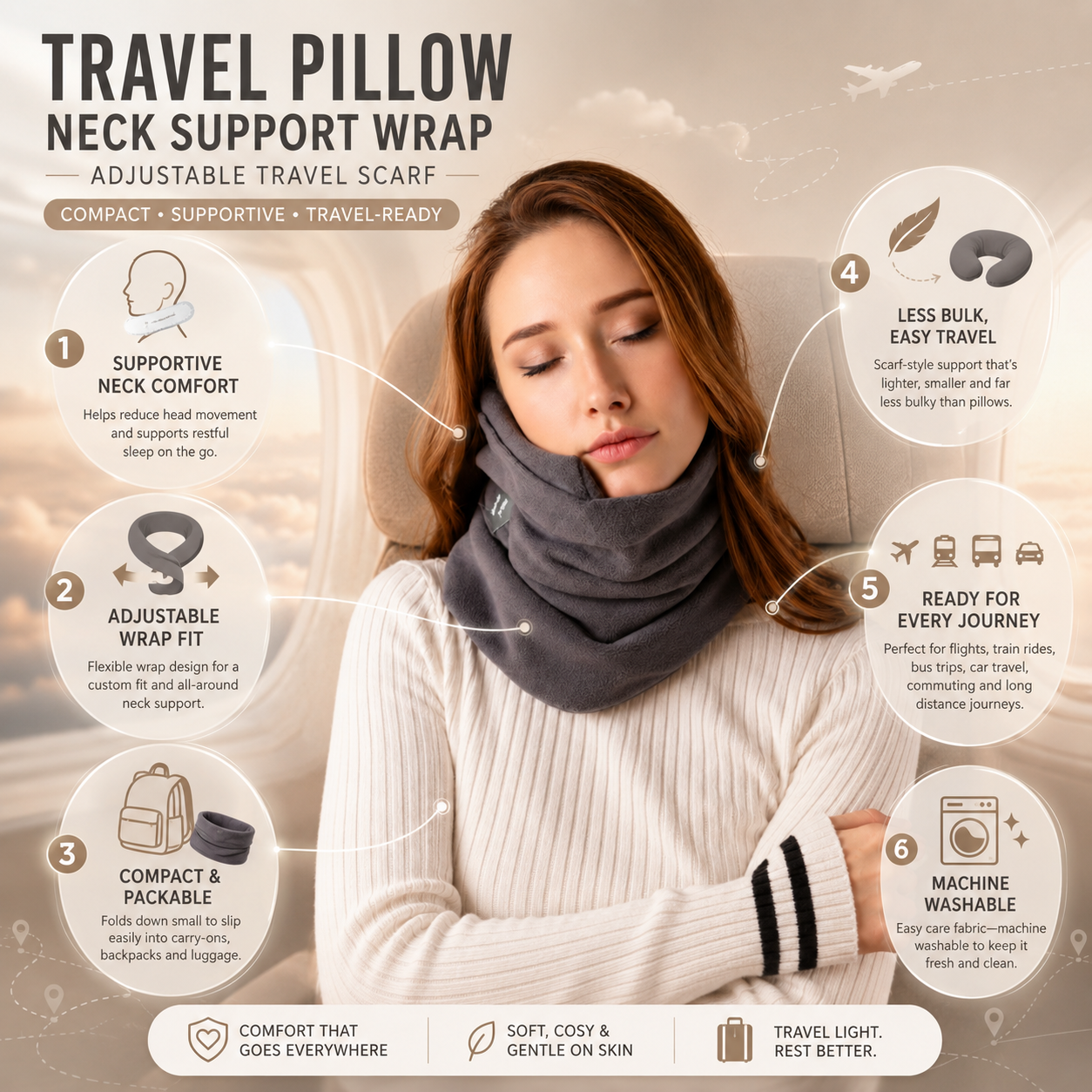 Travel Pillow Neck Support Wrap Adjustable Travel Scarf