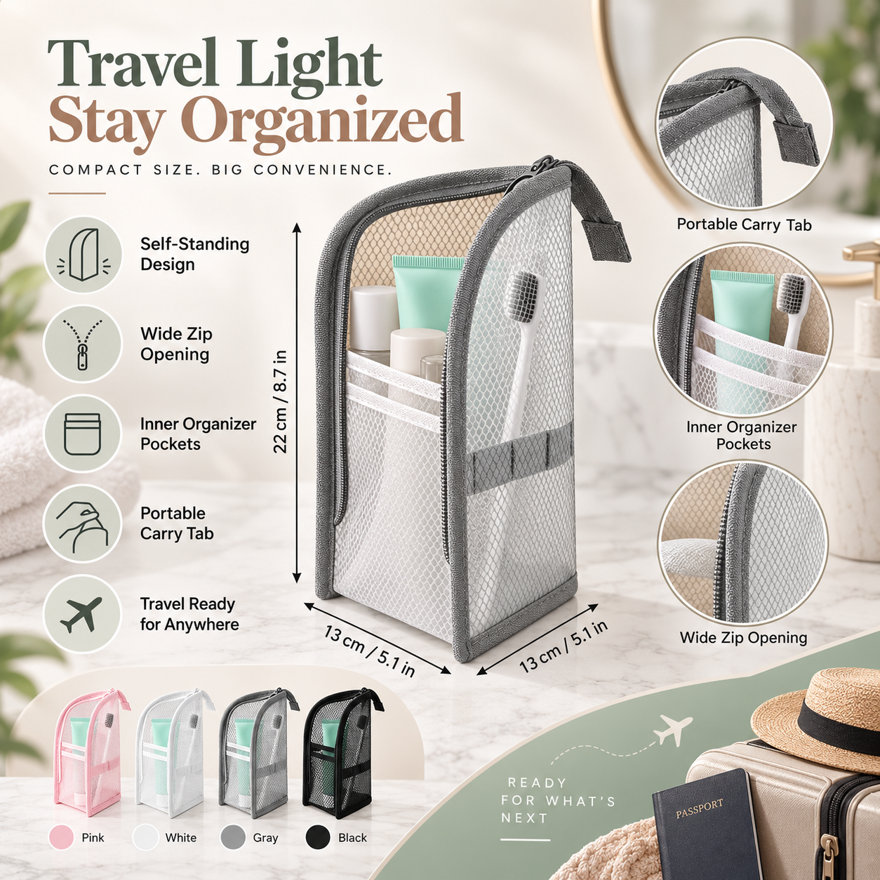 Travel Toiletry Bag Easy Access Self Standing Organizer