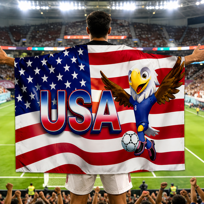 Mantello da tifoso di calcio con bandiera USA per la Coppa del Mondo, giorno della partita, sostenitore