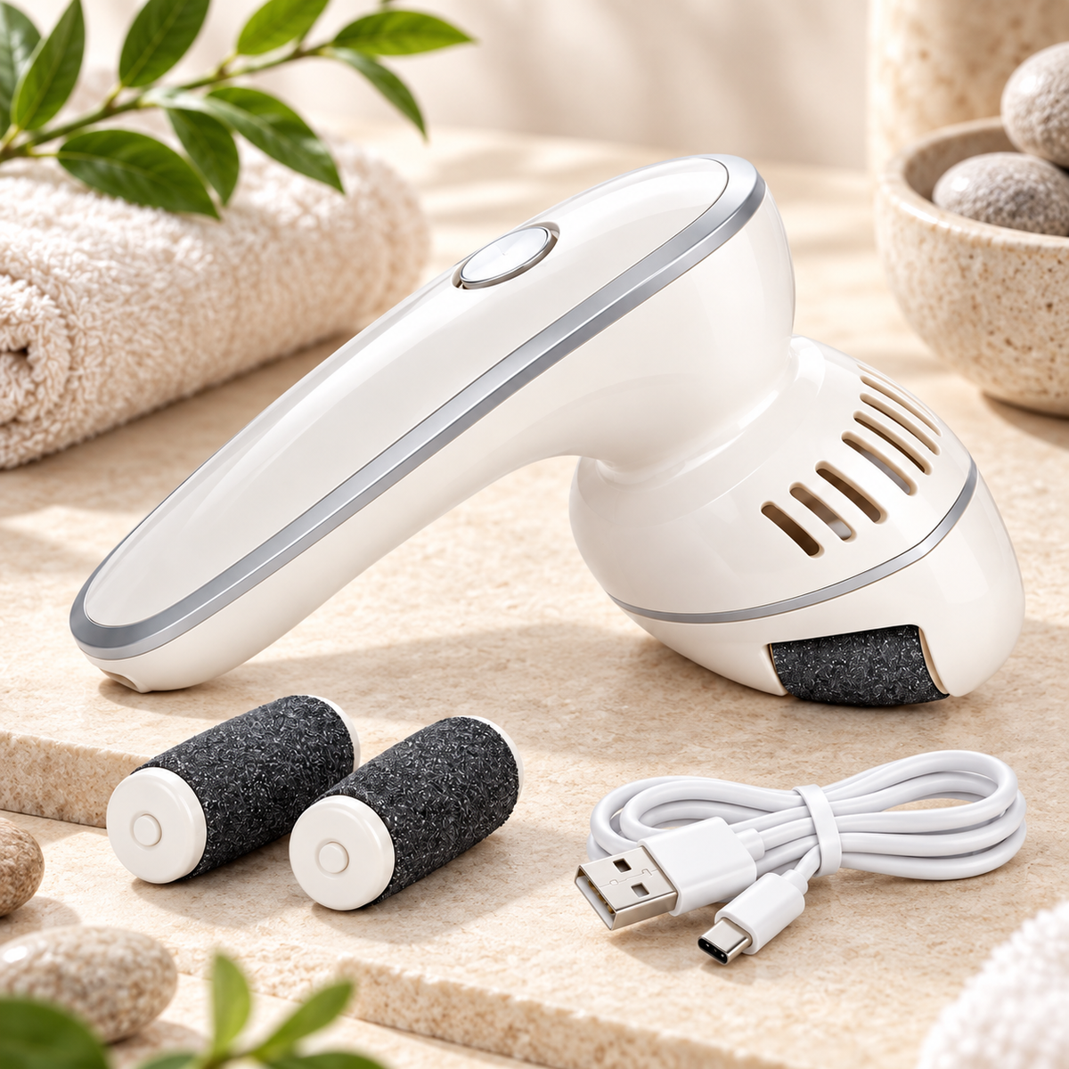 Dispozitiv electric portabil pentru îndepărtarea calusurilor, cu aspirare și reîncărcare USB