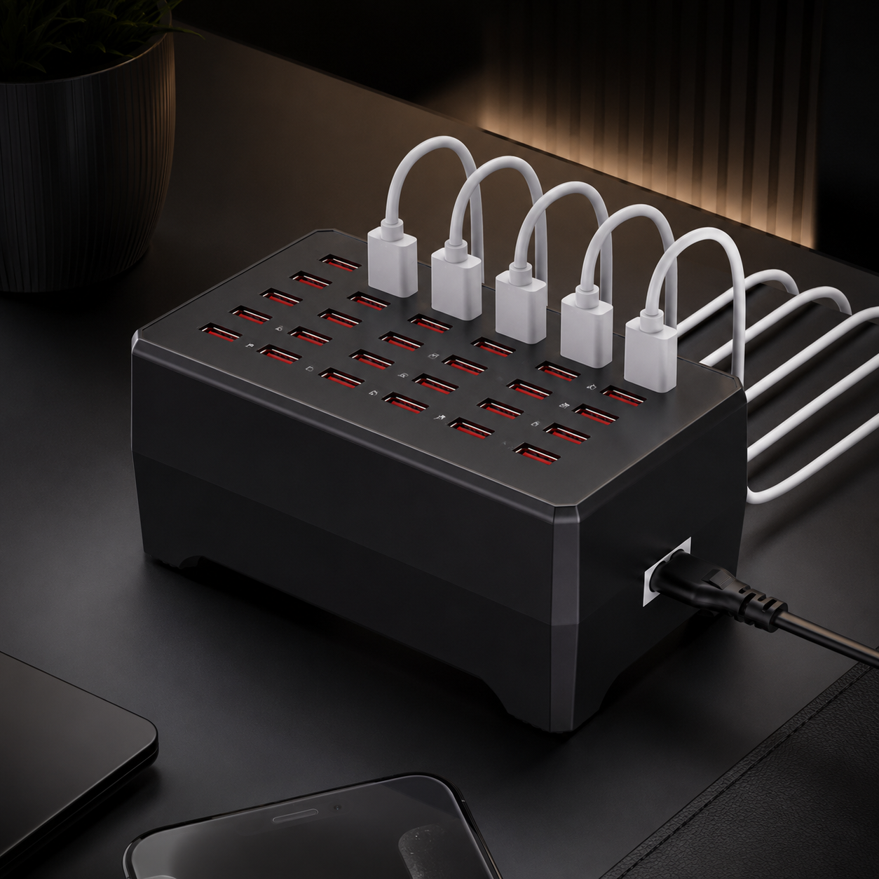 USB-hub med opladningsstation til flere enheder og design med flere porte