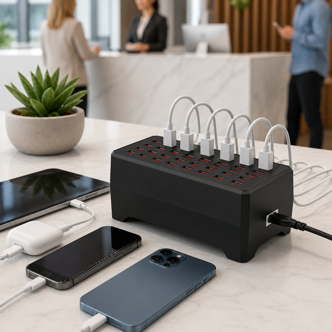 USB-hub med opladningsstation til flere enheder og design med flere porte
