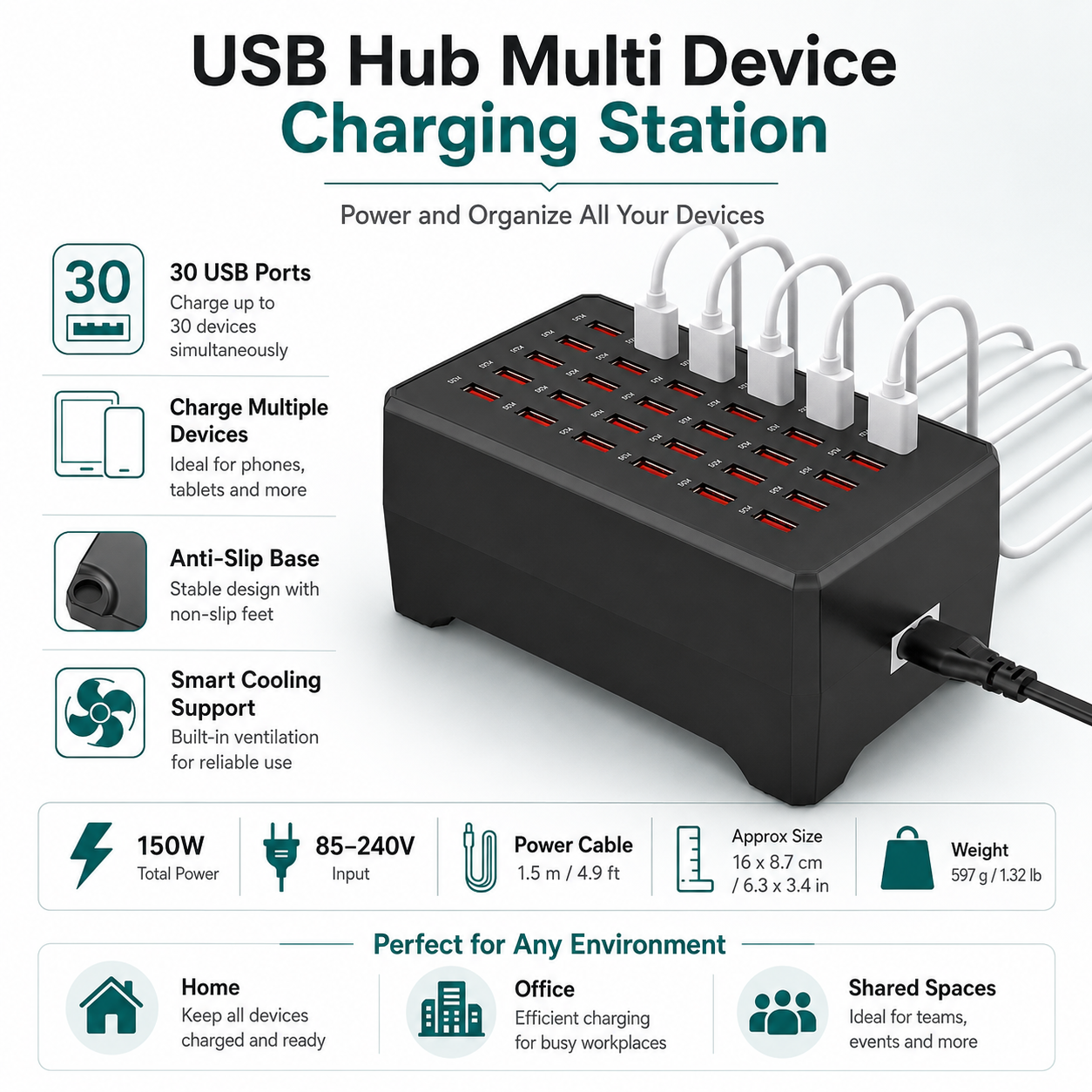 USB-hub med opladningsstation til flere enheder og design med flere porte